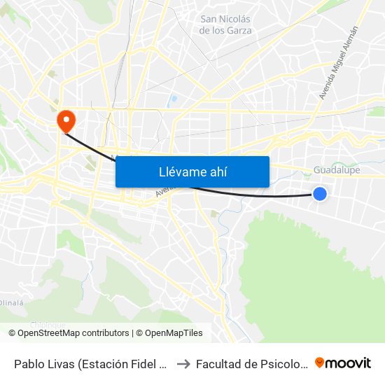 Pablo Livas (Estación Fidel Velázquez) to Facultad de Psicología Uanl map