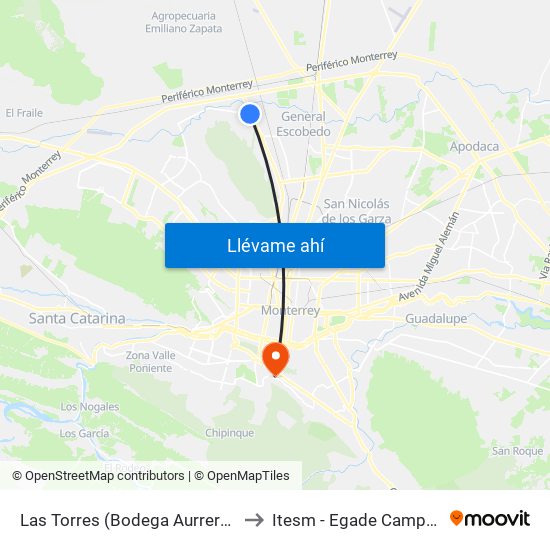 Las Torres (Bodega Aurrera Puerta Del Sol) to Itesm - Egade Campus Monterrey map