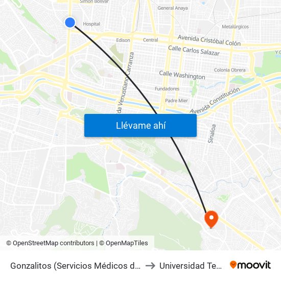Gonzalitos (Servicios Médicos de La U.A.N.L.) to Universidad Tecmilenio map