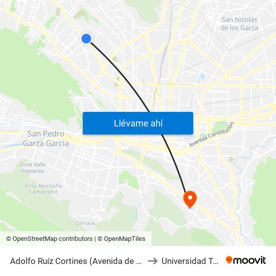 Adolfo Ruíz Cortines (Avenida de La Unidad - Nogal) to Universidad Tecmilenio map