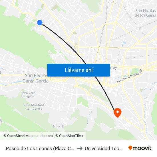 Paseo de Los Leones (Plaza Cumbres) to Universidad Tecmilenio map