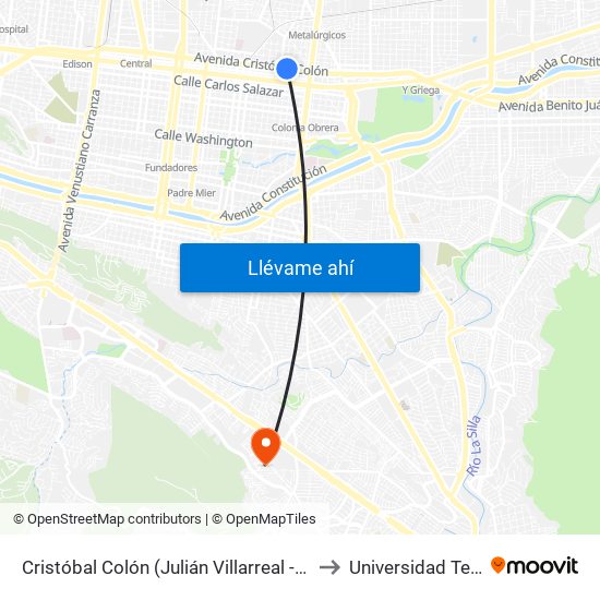 Cristóbal Colón (Julián Villarreal - Álvaro Obregón) to Universidad Tecmilenio map