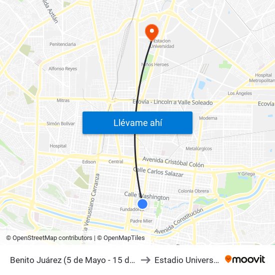 Benito Juárez (5 de Mayo - 15 de Mayo) to Estadio Universitario map