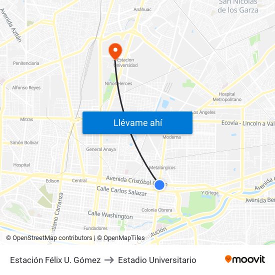 Estación Félix U. Gómez to Estadio Universitario map