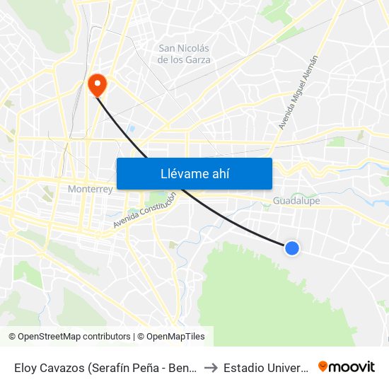 Eloy Cavazos (Serafín Peña - Benito Juárez) to Estadio Universitario map