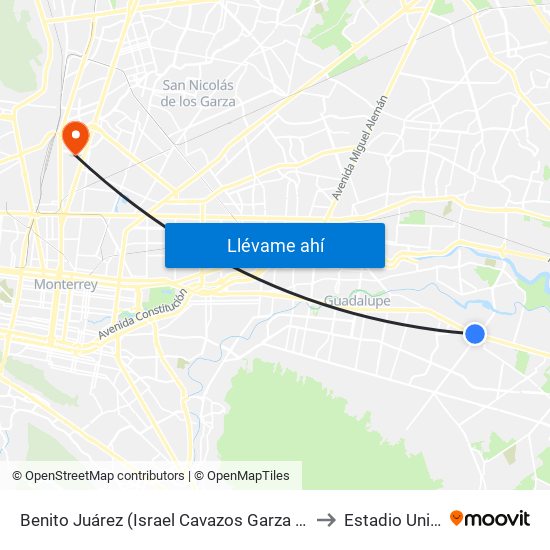 Benito Juárez (Israel Cavazos Garza - Camino Río Escondido) to Estadio Universitario map