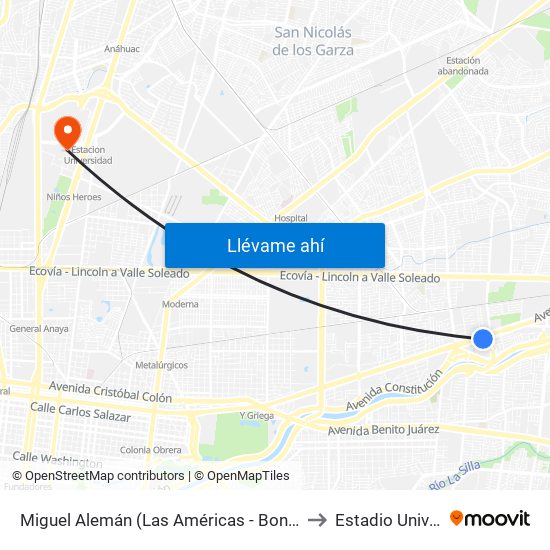Miguel Alemán (Las Américas - Bonifacio Salinas Leal) to Estadio Universitario map