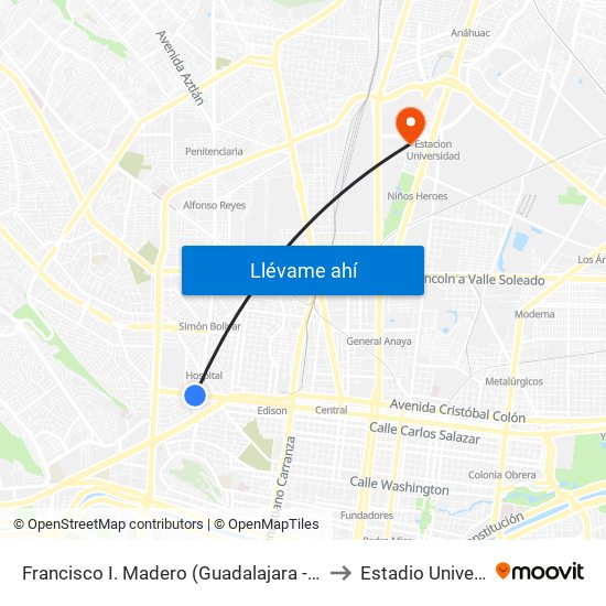Francisco I. Madero (Guadalajara - Simón Bolívar) to Estadio Universitario map