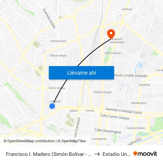 Francisco I. Madero (Simón Bolívar - Eduardo Aguirre Pequeño) to Estadio Universitario map