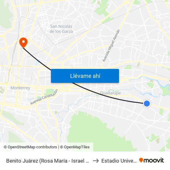 Benito Juárez (Rosa María - Israel Cavazos Garza) to Estadio Universitario map