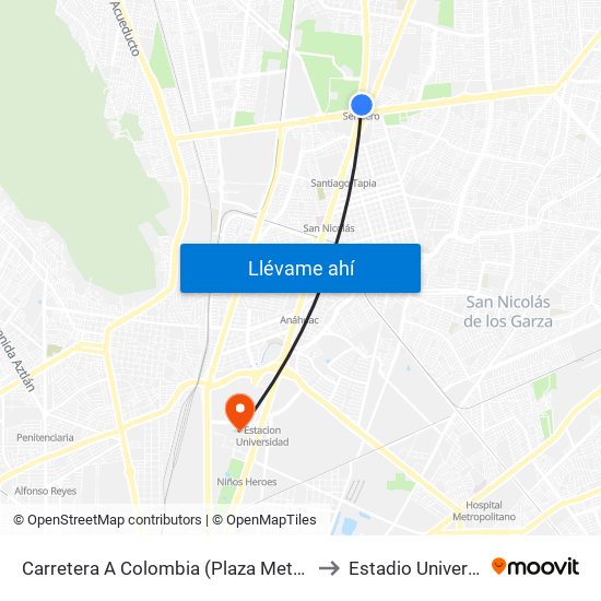 Carretera A Colombia (Plaza Metro Sendero) to Estadio Universitario map