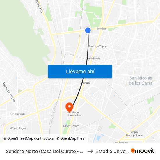 Sendero Norte (Casa Del Curato - Casa de Cortés) to Estadio Universitario map