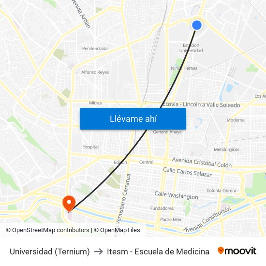 Universidad (Ternium) to Itesm - Escuela de Medicina map