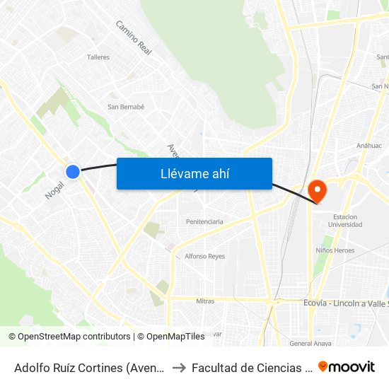 Adolfo Ruíz Cortines (Avenida de La Unidad - Nogal) to Facultad de Ciencias Fisico-Matematicas map