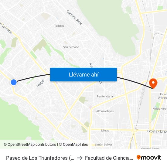 Paseo de Los Triunfadores (Costco Wholesale Cumbres) to Facultad de Ciencias Fisico-Matematicas map