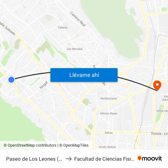 Paseo de Los Leones (Plaza Cumbres) to Facultad de Ciencias Fisico-Matematicas map