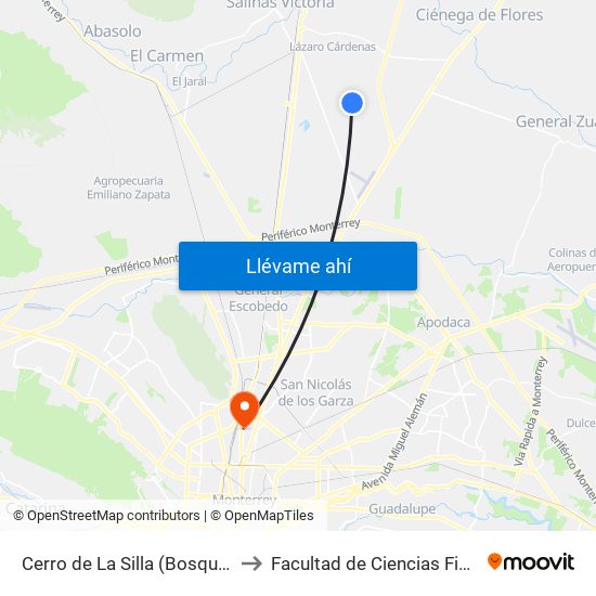 Cerro de La Silla (Bosques - Sierra Madre) to Facultad de Ciencias Fisico-Matematicas map