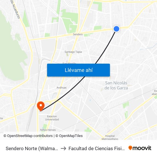 Sendero Norte (Walmart San Nicolás) to Facultad de Ciencias Fisico-Matematicas map