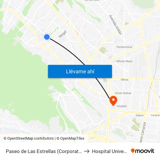 Paseo de Las Estrellas (Corporativo Soriana) to Hospital Universitario map