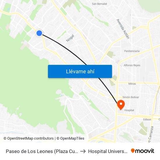 Paseo de Los Leones (Plaza Cumbres) to Hospital Universitario map