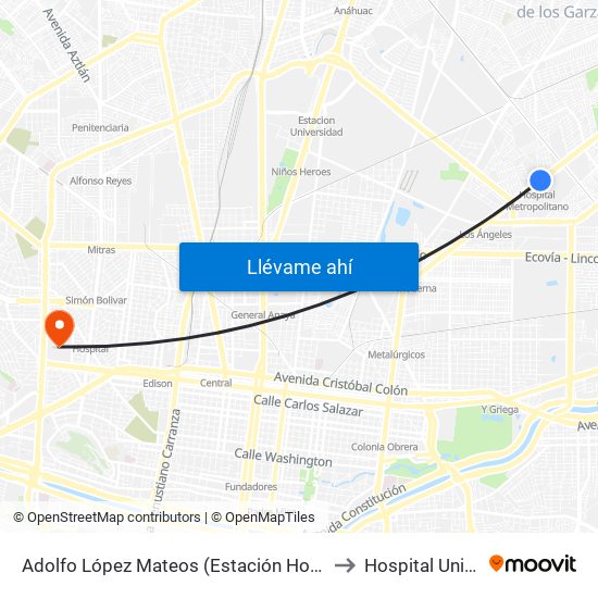 Adolfo López Mateos (Estación Hospital Metropolitano) to Hospital Universitario map