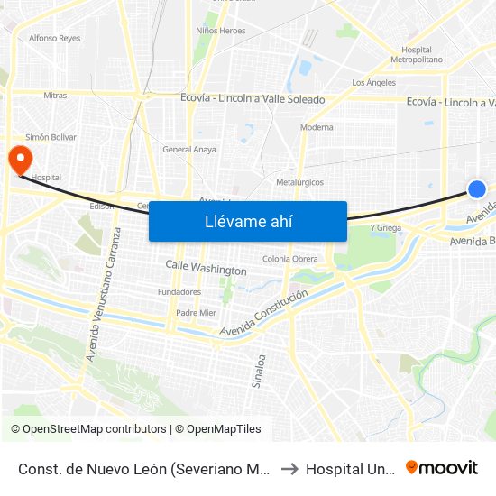 Const. de Nuevo León (Severiano Martínez - Miguel Alemán) to Hospital Universitario map