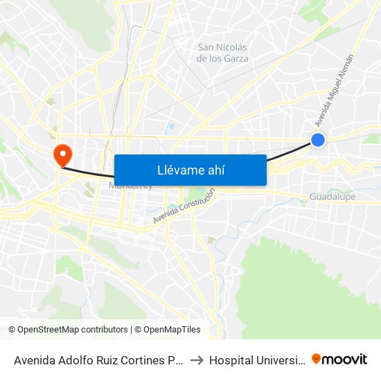Avenida Adolfo Ruiz Cortines Poniente to Hospital Universitario map
