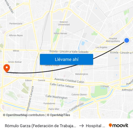 Rómulo Garza (Federación de Trabajadores de Nuevo León - Juan Pablo II) to Hospital Universitario map