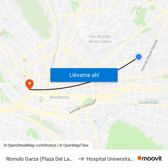 Rómulo Garza (Plaza Del Lago) to Hospital Universitario map