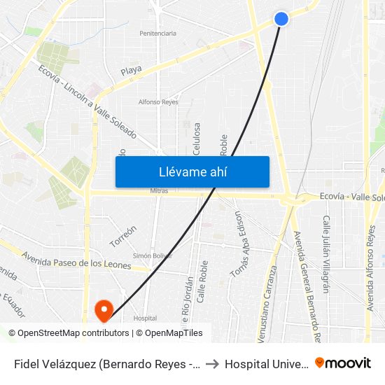 Fidel Velázquez (Bernardo Reyes - Luis Moreno) to Hospital Universitario map