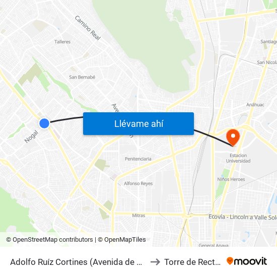 Adolfo Ruíz Cortines (Avenida de La Unidad - Nogal) to Torre de Rectoría Uanl map