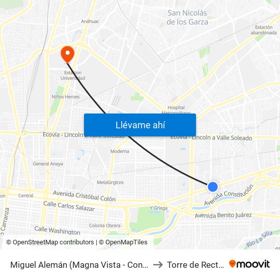 Miguel Alemán (Magna Vista - Const. de Nuevo León) to Torre de Rectoría Uanl map