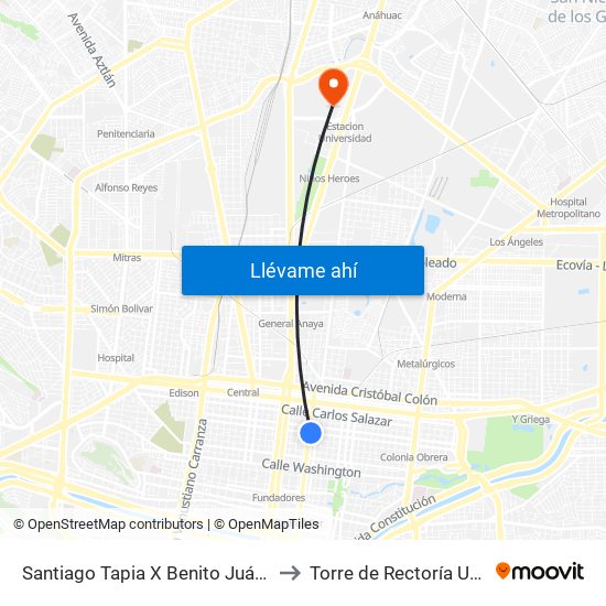 Santiago Tapia X Benito Juárez to Torre de Rectoría Uanl map