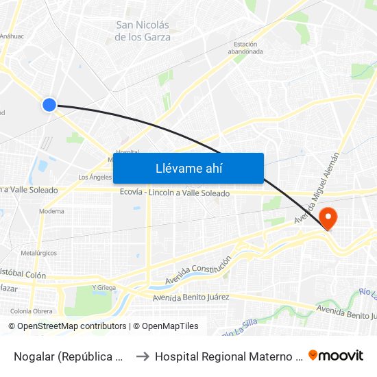 Nogalar (República Mexicana - San Nicolás) to Hospital Regional Materno Infantil de Alta Especialidad map