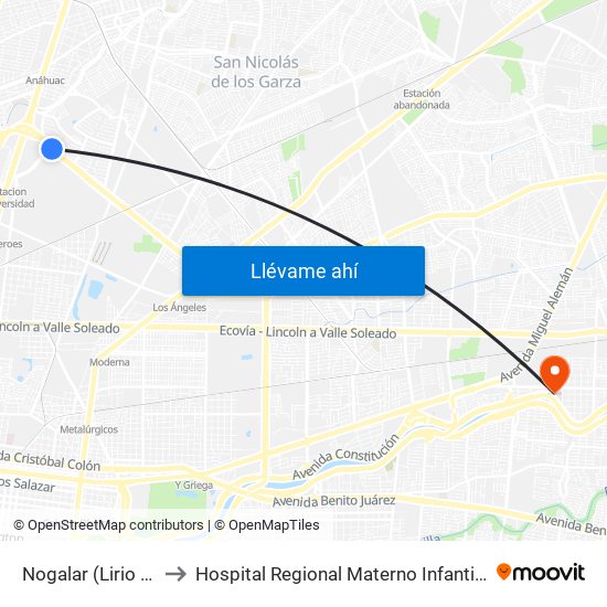 Nogalar (Lirio - Amapola) to Hospital Regional Materno Infantil de Alta Especialidad map