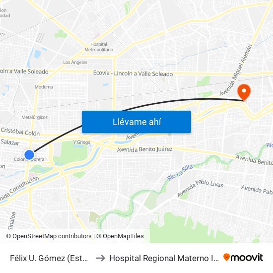 Félix U. Gómez (Estación Colonia Obrera) to Hospital Regional Materno Infantil de Alta Especialidad map