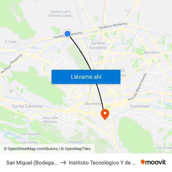 San Miguel (Bodega Aurrera Anillo Periférico) to Instituto Tecnológico Y de Estudios Superiores de Monterrey map