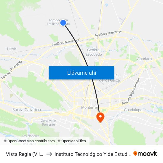 Vista Regia (Villas Buenavista) to Instituto Tecnológico Y de Estudios Superiores de Monterrey map