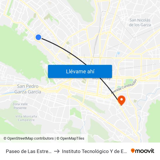 Paseo de Las Estrellas (Soriana Cumbres) to Instituto Tecnológico Y de Estudios Superiores de Monterrey map