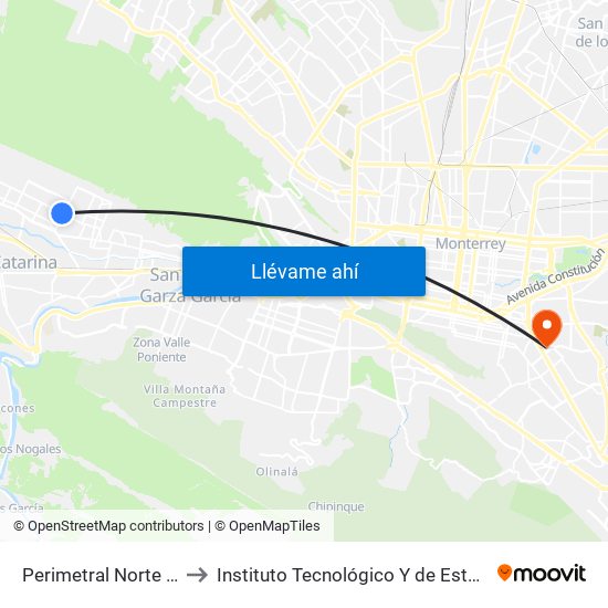 Perimetral Norte (Parque Hundido) to Instituto Tecnológico Y de Estudios Superiores de Monterrey map