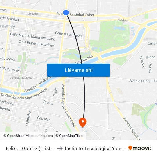 Félix U. Gómez (Cristóbal Colón - Ramón Treviño) to Instituto Tecnológico Y de Estudios Superiores de Monterrey map