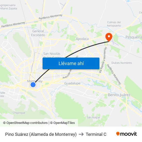 Pino Suárez (Alameda de Monterrey) to Terminal C map