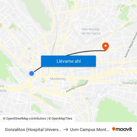 Gonzalitos (Hospital Universitario) to Uvm Campus Monterrey map