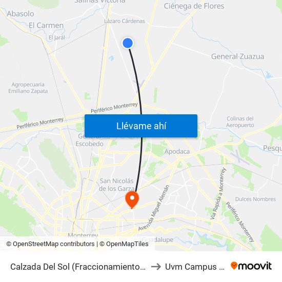 Calzada Del Sol (Fraccionamiento Pilares La Puerta 1) to Uvm Campus Monterrey map