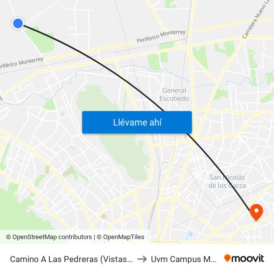 Camino A Las Pedreras (Vistas Del Parque) to Uvm Campus Monterrey map
