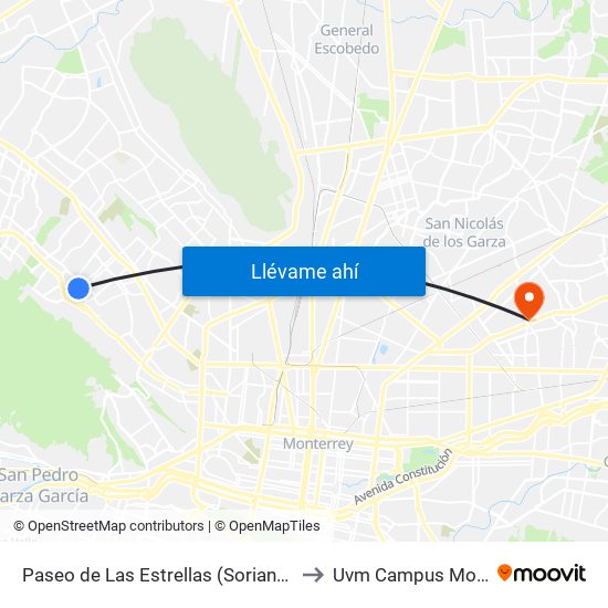 Paseo de Las Estrellas (Soriana Cumbres) to Uvm Campus Monterrey map