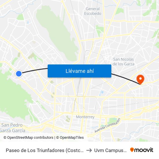 Paseo de Los Triunfadores (Costco Wholesale Cumbres) to Uvm Campus Monterrey map