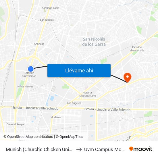 Múnich (Church's Chicken Universidad) to Uvm Campus Monterrey map