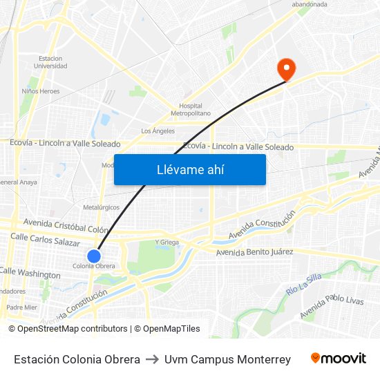 Estación Colonia Obrera to Uvm Campus Monterrey map