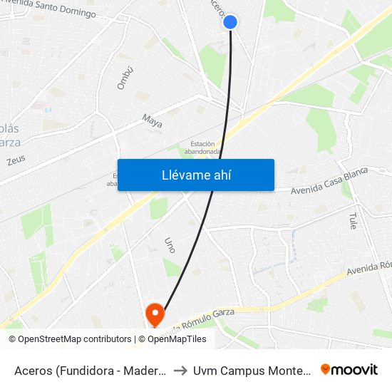 Aceros (Fundidora - Maderera) to Uvm Campus Monterrey map